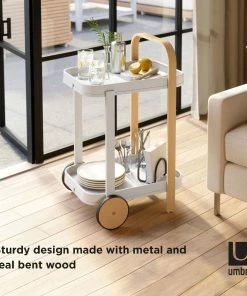 Umbra Bellwood Bar/Serving Cart | White-Natural -Cheap Dinnerware Store 1015392 668 bellwood bar cart wht nat co03 insitu