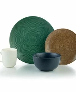 Everything Kitchens Modern Colorful Neutrals - Rippled 16-Piece Dinnerware Set - Matte | Green, Mocha, Charcoal, Ivory