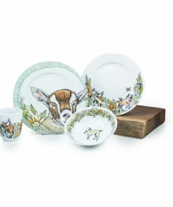 Everything Kitchens Barnyard Baby Animals 16-Piece Dinnerware Set With Mugs | "Caprine Caper Goats" - Kid