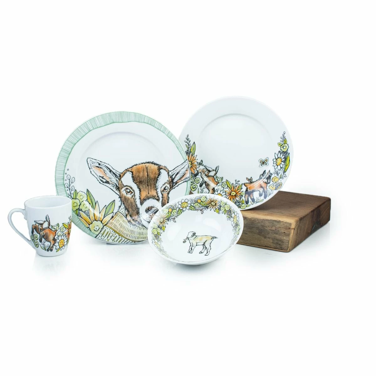 Everything Kitchens Barnyard Baby Animals 16-Piece Dinnerware Set With Mugs | "Caprine Caper Goats" - Kid 1 Everything Kitchens Barnyard Baby Animals 16-Piece Dinnerware Set With Mugs | "Caprine Caper Goats" - Kid
