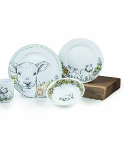 Everything Kitchens Barnyard Baby Animals 16-Piece Dinnerware Set With Mugs | "Leaping Sheep" - Lamb