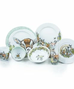 Everything Kitchens Barnyard Baby Animals 28-Piece Dinnerware Set | "Caprine Caper Goats" - Kid