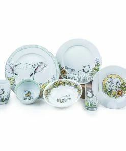 Everything Kitchens Barnyard Baby Animals 28-Piece Dinnerware Set | "Leaping Sheep" - Lamb