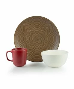 Everything Kitchens Modern Colorful Neutrals - Rippled 12-Piece Dinnerware Set - Matte | Mocha, Ivory, Red