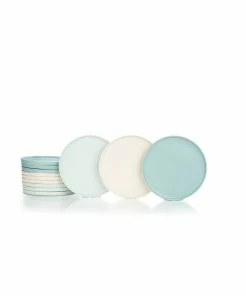 Everything Kitchens Modern Flat 12-Piece Lunch Plate Set | Soft Pink, Dusty Blue & Stone Gray