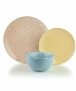 Everything Kitchens Modern Colorful Neutrals - Rippled 12-Piece Dinnerware Set - Glazed | Blue, Butter Yellow & Blush Pink