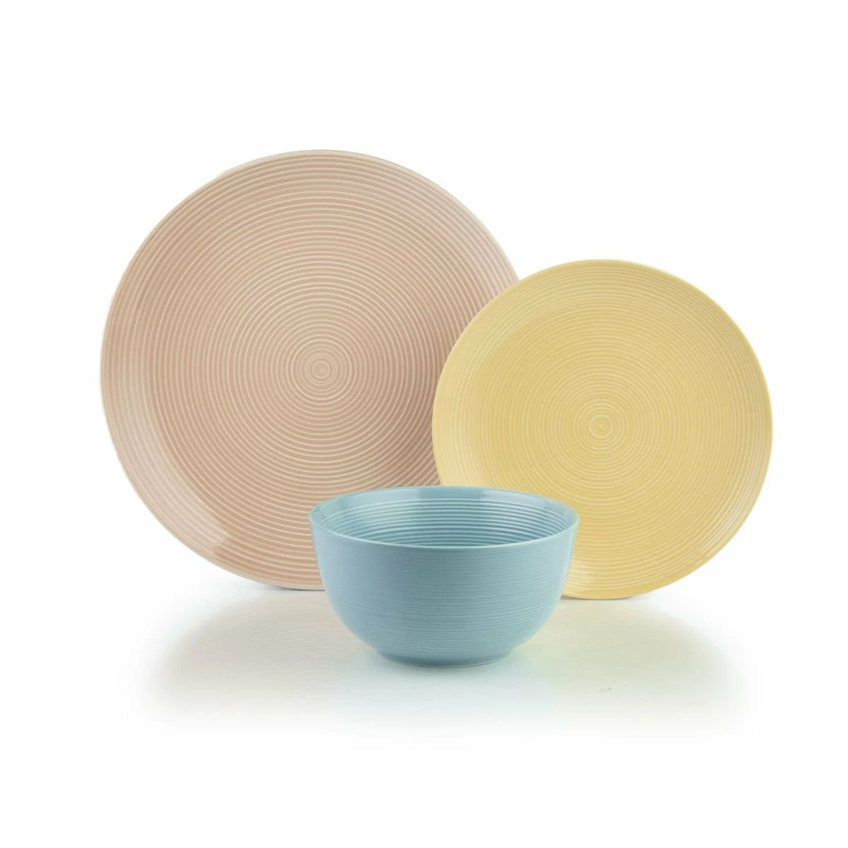 Everything Kitchens Modern Colorful Neutrals - Rippled 12-Piece Dinnerware Set - Glazed | Blue, Butter Yellow & Blush Pink 1 Everything Kitchens Modern Colorful Neutrals - Rippled 12-Piece Dinnerware Set - Glazed | Blue, Butter Yellow & Blush Pink