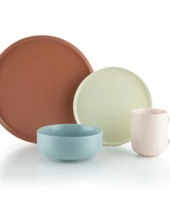 Everything Kitchens Modern Flat 16-Piece Dinnerware Set | Terracotta, Beige, Dusty Blue, Soft Pink