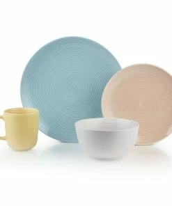 Everything Kitchens Modern Colorful Neutrals - Rippled 16-Piece Dinnerware Set - Glazed | Blue, Blush Pink, Dusty Purple, Butter Yellow