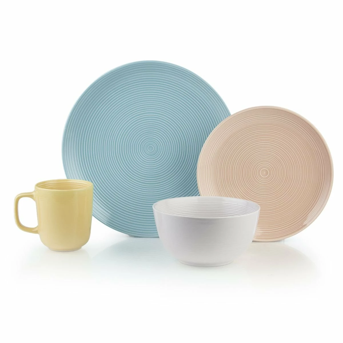 Everything Kitchens Modern Colorful Neutrals - Rippled 16-Piece Dinnerware Set - Glazed | Blue, Blush Pink, Dusty Purple, Butter Yellow 1 Everything Kitchens Modern Colorful Neutrals - Rippled 16-Piece Dinnerware Set - Glazed | Blue, Blush Pink, Dusty Purple, Butter Yellow
