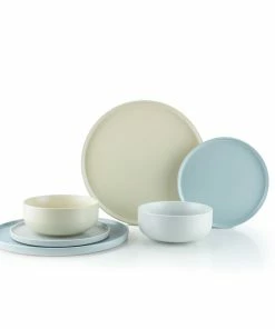 Everything Kitchens Modern Flat 24-Piece Dinnerware Set | Dusty Blue, Stone Gray, Beige