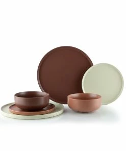 Everything Kitchens Modern Flat 24-Piece Dinnerware Set | Beige, Terracotta, Brown