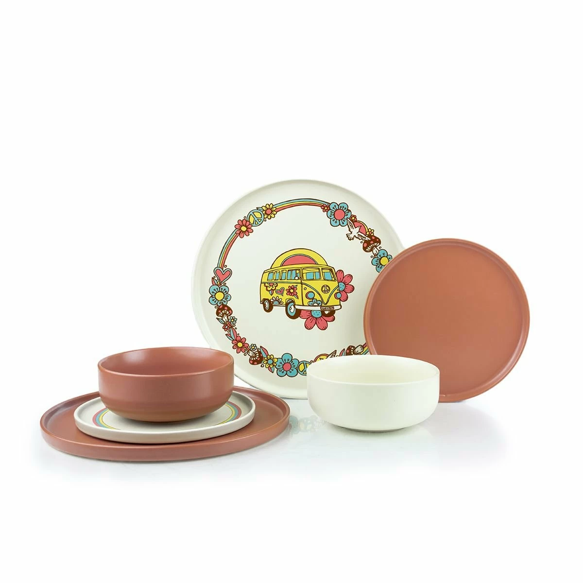 Everything Kitchens Modern Flat 24-Piece Dinnerware Set | Peace & Love + Terracotta 1 Everything Kitchens Modern Flat 24-Piece Dinnerware Set | Peace & Love + Terracotta