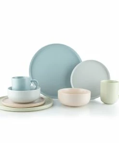 Everything Kitchens Modern Flat 32-Piece Dinnerware Set | Beige, Soft Pink, Stone Gray, Dusty Blue