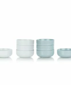 Everything Kitchens Modern Flat 8-Piece Bowl Set | Stone Gray & Dusty Blue