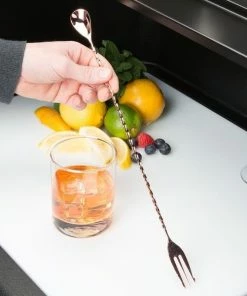 Mercer Barfly 15.75" Bar Spoon With Fork | Copper Plated -Cheap Dinnerware Store mercer barfly 15.75in copper plated bar spoon with fork. m37010 length