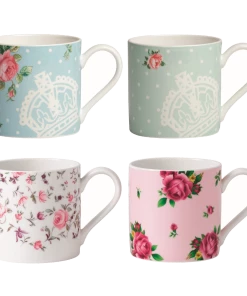 Royal Albert New Country Roses Collection Modern Casual Mugs (Set Of 4) | Pink, Polka Rose, Polka Blue & Rose Confetti
