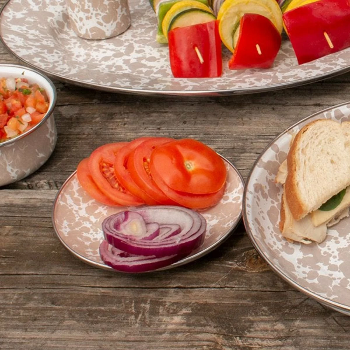 Golden Rabbit Enamelware 6" Appetizer Plates - Set Of 4 | Taupe Swirl 3 Golden Rabbit Enamelware 6" Appetizer Plates - Set Of 4 | Taupe Swirl - Image 3