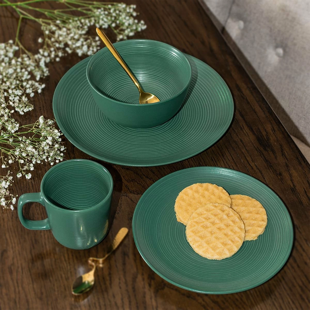 Everything Kitchens Modern Colorful Neutrals - Rippled 16-Piece Dinnerware Set - Matte | Green 2 Everything Kitchens Modern Colorful Neutrals - Rippled 16-Piece Dinnerware Set - Matte | Green - Image 2